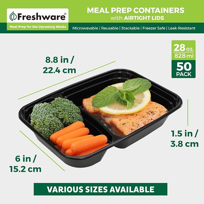Freshware Meal Prep Containers with Lids 28 oz [50 Pack] 2-Compartment Food Storage Containers, Bento Box Lunch Containers, BPA Free, Airtight, Stackable, Reusable, Microwave/Dishwasher/Freezer Safe - Image 4