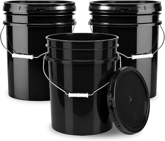 5 Gallon Bucket - Food Grade w/Lid BPA-Free, 3 Pack - Black | Airtight Gasketed Tear Strip Lid, Heavy-Duty 90 Mil HDPE Plastic Pail, Bulk Storage, Food Safe Durable Container, Made in USA by ePackageSupply