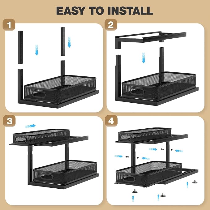 2-Pack 18.5 IN Depth Under Sink Organizer With Next-Gen Ball-Bearing Slides,Sophisticated Mesh 2-Tier Pull Out Shelf for Kitchen & Bathroom,Fits Small Items-Black - Image 6