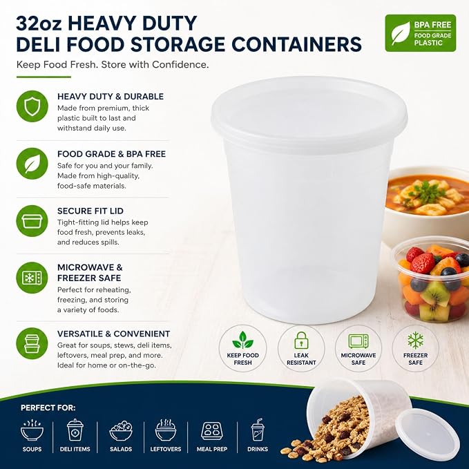 32 Oz Deli Containers with Airtight Lids | Heavy Duty BPA Free Food Storage Cups for Soup Meal Prep Slime Leftovers | Microwave Freezer Safe Reusable Round Containers | 72 Pack - Image 3