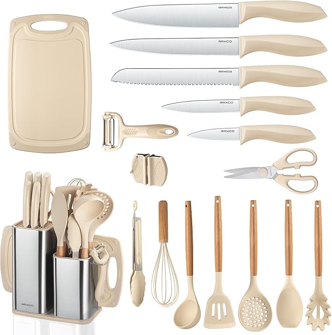 Cooking Utensils Set,18-Piece Kitchen Utensils and Knife Set,Khiki | Food-grade Silicone Utensils Heat-resistant to 410°F,5-Piece Stainless Steel Kitchen Knife with Sharpener and Cutting Board - Image 9