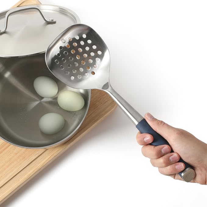 Calphalon Edge 6-Piece Stainless Steel and Silicone Kitchen Tool Set, Kitchen Utensil Set, Scraper, Skimmer, Spoon, Ladle, Turner, Pasta Server, Heat Resistant Nonstick Safe Cooking Utensils (Navy) - Image 4