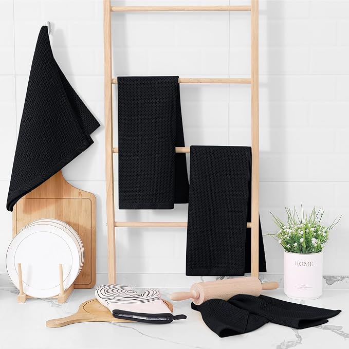 Homaxy 100% Cotton Waffle Weave Kitchen Towels, 15-Pack, Black | Ultra Soft Absorbent Dish Towels, Quick Drying Cleaning Towels, 13 x 28 Inches - Image 6
