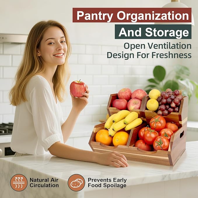 Acacia Wood Pantry Storage Bins, Stackable 3-piece set | Moisture-resistant hardwood with ventilated open front. Stores potatoes, onions, vegetables, and fruits on countertop - Image 2