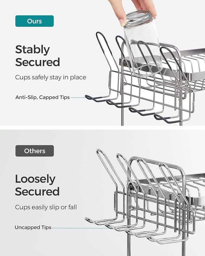 SONGMICS Dish Drying Rack - 2 Tier Dish Rack for Kitchen Counter with Rotatable and Extendable Drain Spout, Dish Drainer with Utensil, Cup, Glass, Cutting Board Holders, Black UKCS032B01 - Image 4