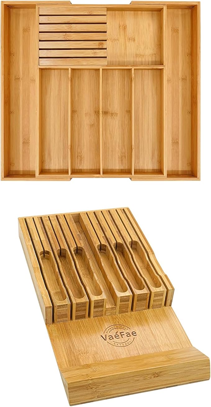 VaeFae Bamboo Silverware Drawer Organizer and Bamboo Knife Drawer Organizer Insert Bundle by VaeFaeDirect