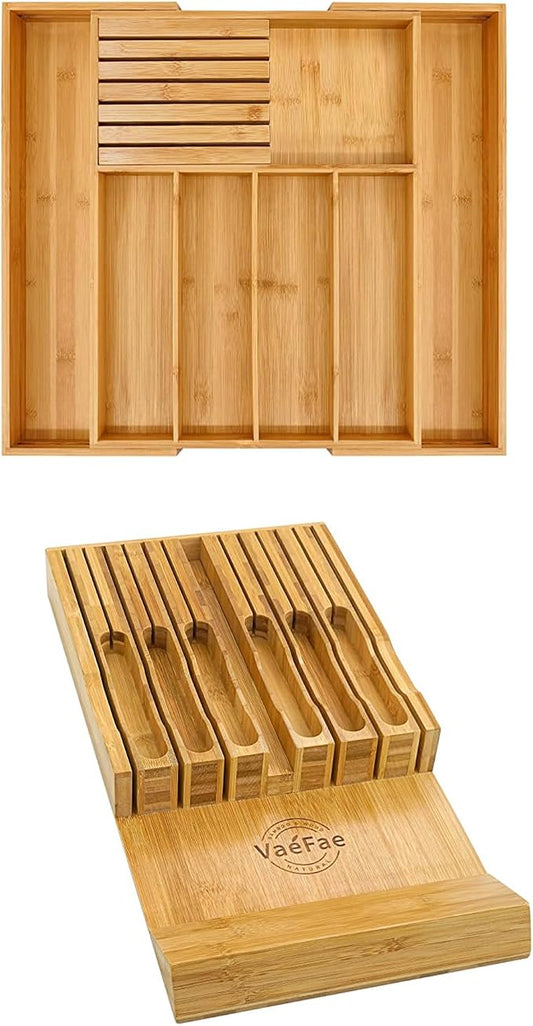 VaeFae Bamboo Silverware Drawer Organizer and Bamboo Knife Drawer Organizer Insert Bundle by VaeFaeDirect