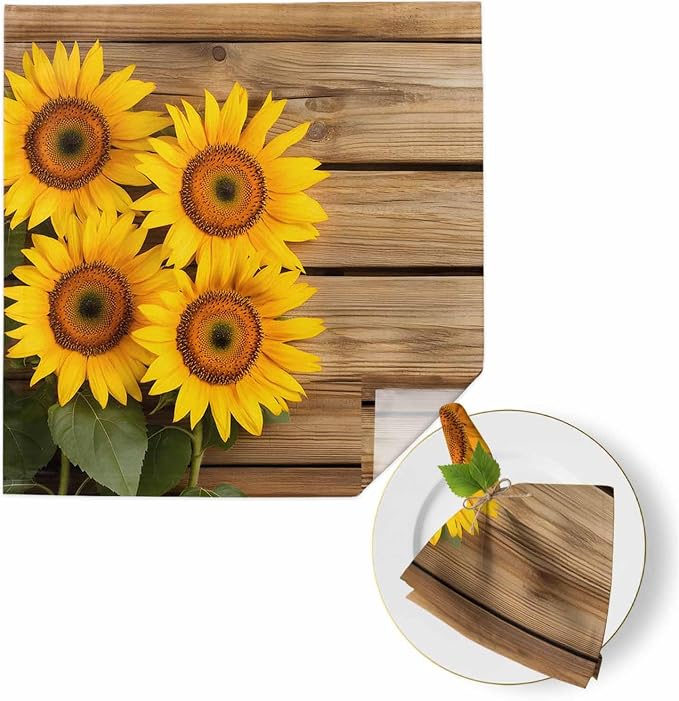 Pastoral Cloth Napkins Set of 1 Sunflowers Wood Grain Texture Rustic Vintage Soft Washable Square Dinner Napkins for Party Wedding Restaurant Hotel Cocktail 20x20 Inch by Unknown