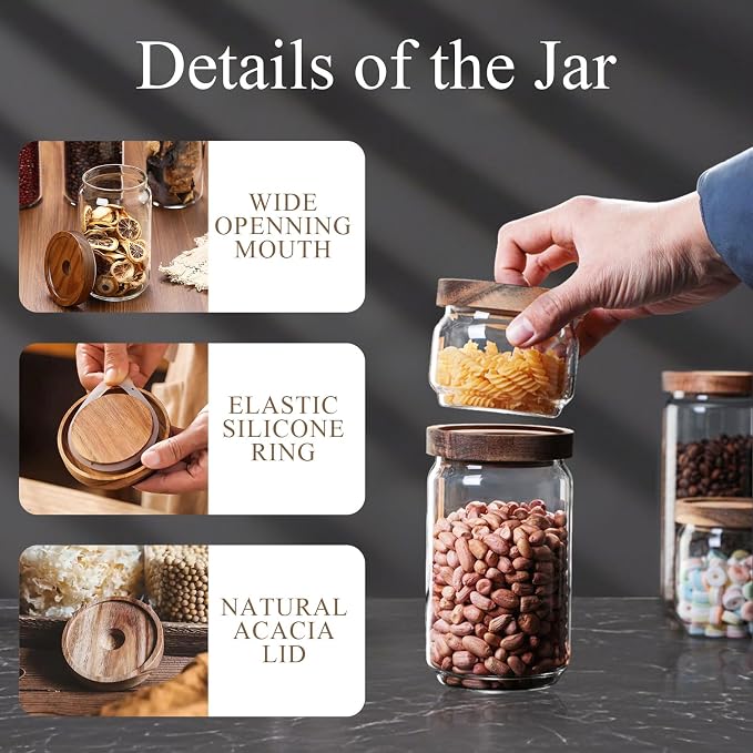 Glass Jars with Airtight Wood Lids - 25 OZ / 750 ML Kitchen Pantry Storage Containers, Decorative Canister for Chia Seed, Coffee Bean, Sugar, Spice, Cereal, Oats, Cookie, Candy, Tea, Nuts, Set of 2 - Image 3
