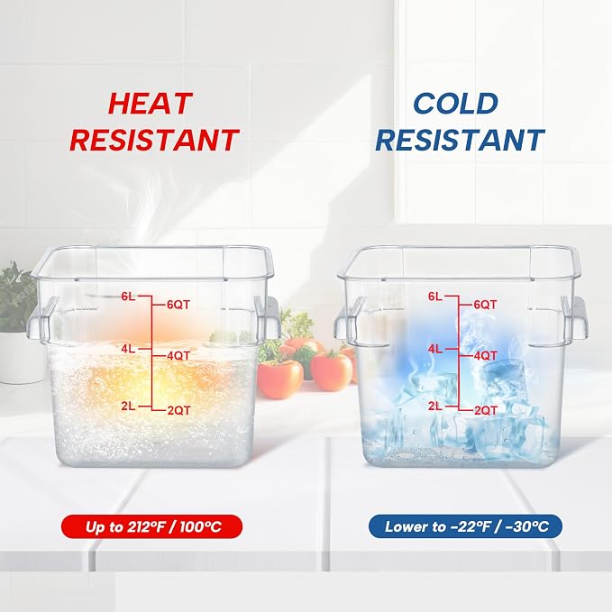 4 Pack 6QT Square Food Storage Containers with Lids | Clear NSF polycarbonate containers with scale, label and measuring cup, stackable for prep, storage, freezer. Dishwasher safe - Image 5