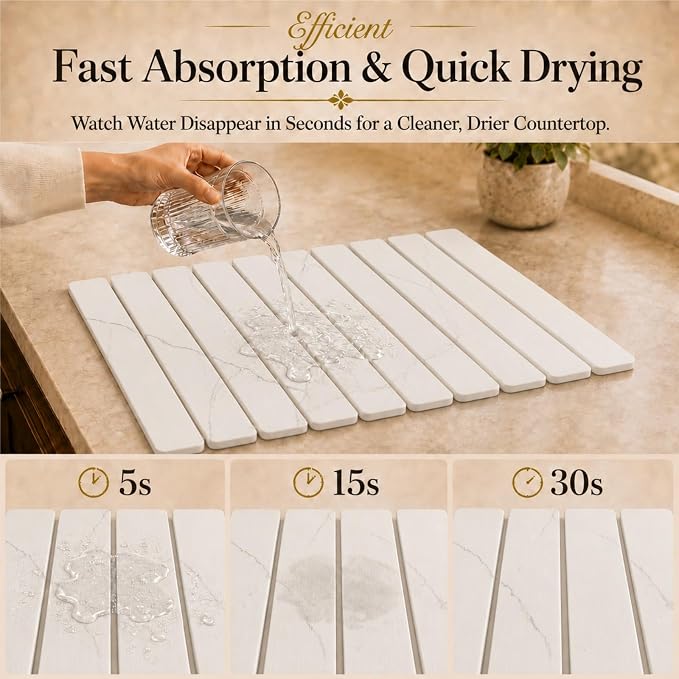 2 PCS Large Stone Dish Drying Mat for Kitchen Counter, 24" x 16" Diatomaceous Earth Dish Mat with 8" x 4" Coaster, Quick Dry Foldable Absorbent Mat for Dishes, Cups, Bottles (White) - Image 4