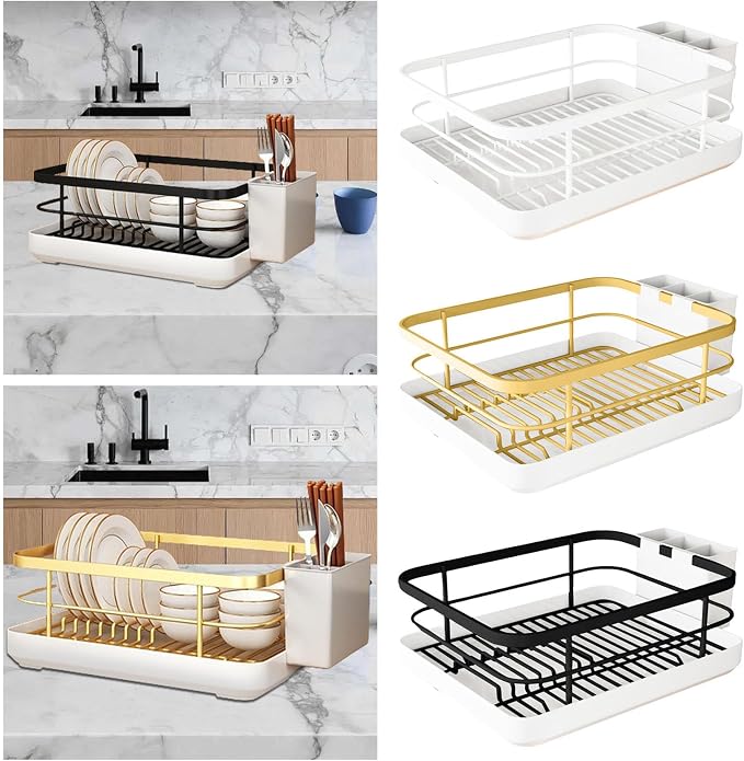 Dish Drying Rack for Kitchen Counter,Large Capacity Dish Drying Rack,Carbons Steel Dishes Drainer with Utensil Holder,Multifunctional Kitchen Utensil Holder with Dishes Racks and Tray (Gold) - Image 7