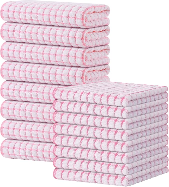 Kitinjoy Cotton 16 Pack Kitchen Towels and Dishcloths Sets, Pink | 16 x 25 Inch & 12 X 12 Inch Dish Towels Bulk, Super Soft and Absorbent hand towels for kitchen Drying by Kitinjoy