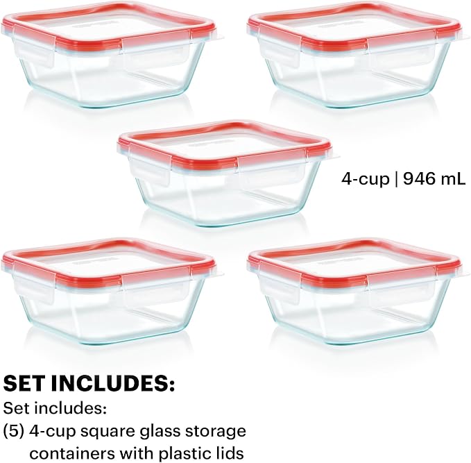 Pyrex Freshlock (5-Pack, 4 Cup) Glass Food Storage Containers Set | Meal prep containers with BPA-free plastic airtight locking lids, freezer, dishwasher, & microwave safe - Image 2