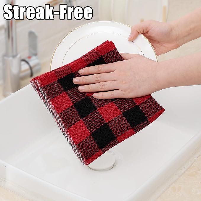 Homaxy Kitchen Towels and Dishcloths Set, Set of 8, Red & Black | Bulk Cotton Waffle Weave Check Plaid Kitchen Towels, Super Soft and Absorbent Dish Cloths, 12 x 12 and 13 x 28 Inches - Image 4