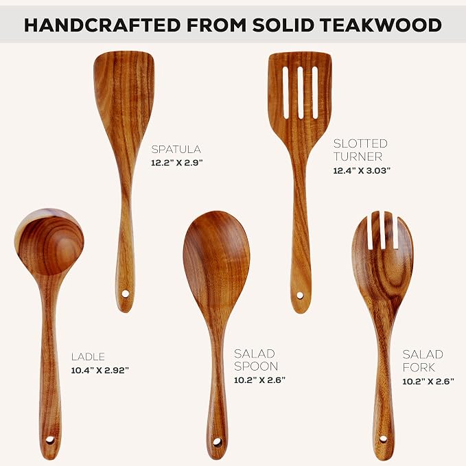 Zulay Kitchen Extra-Large 5-Piece Wooden Spoon Set - Smooth Teak Cooking Utensils - Comfort-Grip Non-Stick Turner, Spatula, Skimmer, Fork, Serving Spoon - Image 3