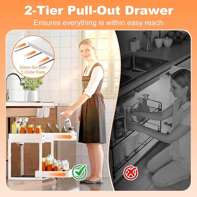 Upgrade 1 Pack Expandable Under Sink Organizer: 2-Tier Pull Out Cabinet with 3 Heavy-Duty Ball-Bearing Slide Rails, Tool-Free Height Adjustable, Slide-Out Drawers for Kitchen, Bathroom, Laundry - Image 7