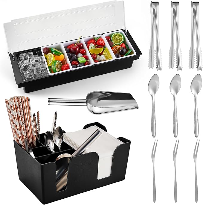 Tessco for you Garnish Tray with Lid Bar Caddy Ice Cooled Condiment Serving Container with Ice Scoop Metal Mini Serving Tongs Fruit Fork Spoons for Food Home Party Kitchen(Plastic,5 Grids) by Tessco