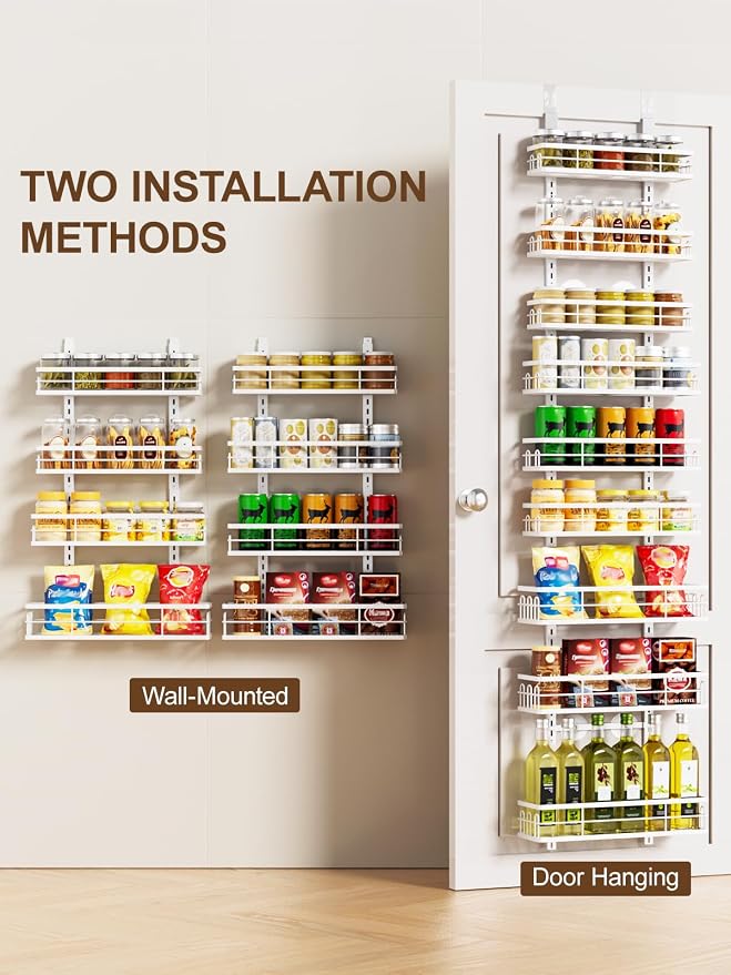 Delamu 9 Tier Over The Door Pantry Organizer, Pantry Organization and Storage, Hanging Spice Rack for Pantry Door Organizer, Metal Pantry Door Shelves for Kitchen Bathroom Laundry Room,15.3" White - Image 6