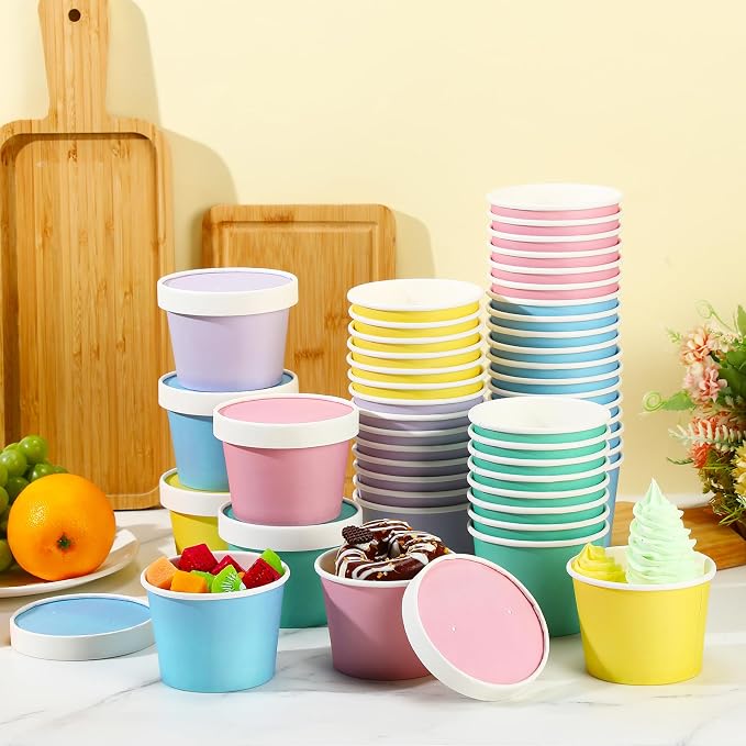 Fulmoon 100 Pack Paper Soup Containers with Lids Disposable Paper Food Containers with Vented Lid Kraft Ice Cream Cake Dessert Cups Soup Bowl for Party Hot Food Fruit Microwave(8 oz,Multi Colors) - Image 4