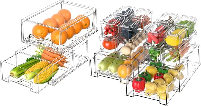 damynuo 16Pcs Fridge Organizer Bins, Clear Refrigerator Organizing Containers with Lids and Refrigerator Drawers, Stackable Food, Vegetable and Fruit Containers for Fridge Organizers and Storage by PERFECTSOLUTIONFORORGANIZER