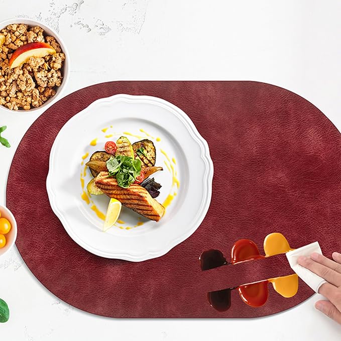 ADRIMER Placemats, Heat Resistant Oval Placemats Set of 12 Washable 12 x 17 Inch, Waterproof Table Mats, Wipeable Pu Place Mats for Kitchen, Dining Room, Wine Red - Image 4