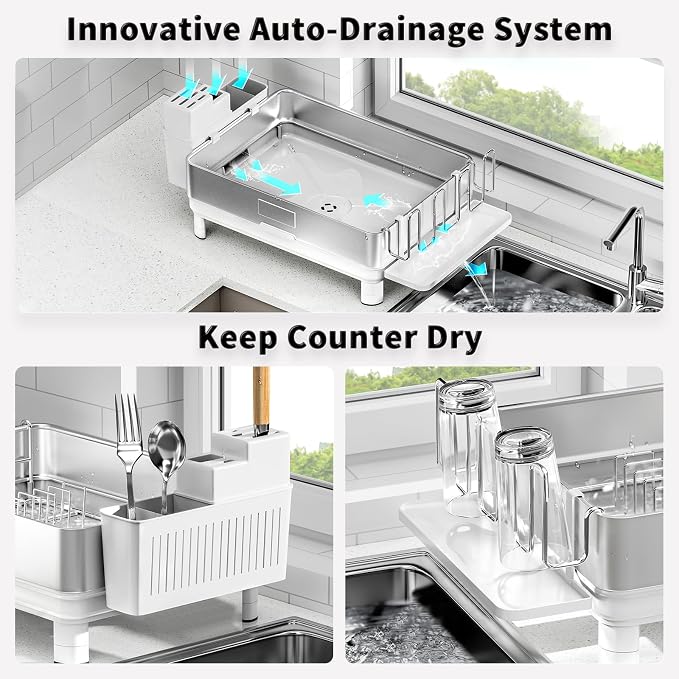 Dish Drying Rack, 304 Stainless Steel Dish Racks for Kitchen Counter | Dish Drainers with Automatic Drainage, Utensil Holder & Cups Holder, Space Saving Kitchen Organizer, White - Image 4