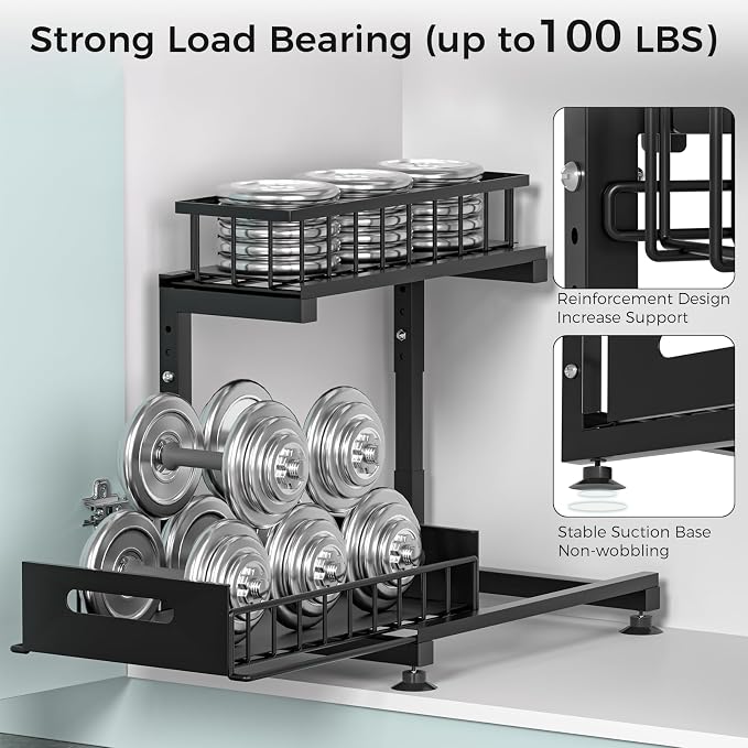 L-Shaped Under Sink Organizer, 2-Tier Pull-out Cabinet Rack 1-Pack | Black Height-Adjustable Metal Rack, Sliding Grid Drawers with Safety Stopper, Holds 100 Lbs, Ideal Kitchen Cabinet Storage - Image 5