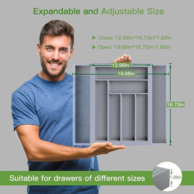 Pipishell Bamboo Expandable Drawer Organizer for Utensils Holder, Adjustable Cutlery Tray, Wood Drawer Dividers Organizer for Silverware, Flatware, Knives in Kitchen, Bedroom, Living Room(Grey) - Image 4