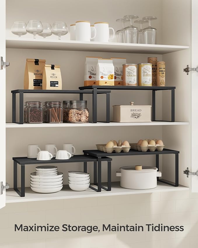 SONGMICS Cabinet Organizer Shelf, Set of 2 Kitchen Counter Shelves, Kitchen Storage, Spice Rack, Stackable, Expandable, Metal and Engineered Wood, 15.6 Inches, Ink Black and Charcoal Black UKCS025B01 - Image 3