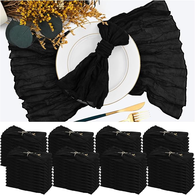 84 Packs Black Cheese Cloth Napkins 20 x 20 Inch Gauze Wrinkled Dinner Napkins, Rustic Boho Napkins Cloth Napkin for Wedding Party Event Dinner Table Decoration by Teruntrue