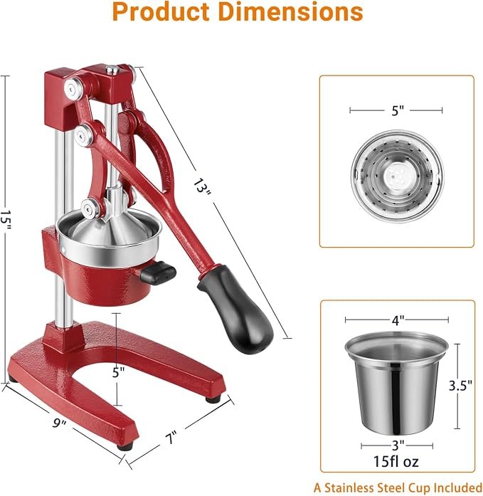 TONGCHANT Cast Iron Manual Juicer for Orange Lemon Lime Pomegranate &Citrus | Heavy Duty Orange Juicer Squeezer, Hand Press Juicer, Citrus Press, Stainless Steel Cup, Easy to Clean, Red - Image 4