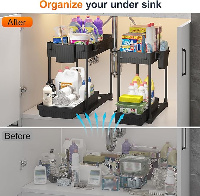 4-Pack 2-Tier Under Sink Organizer with Pull Out Drawers | Multi-use kitchen & bathroom storage. Includes hanging hooks and cups. Black, space-saving cabinet design. - Image 3