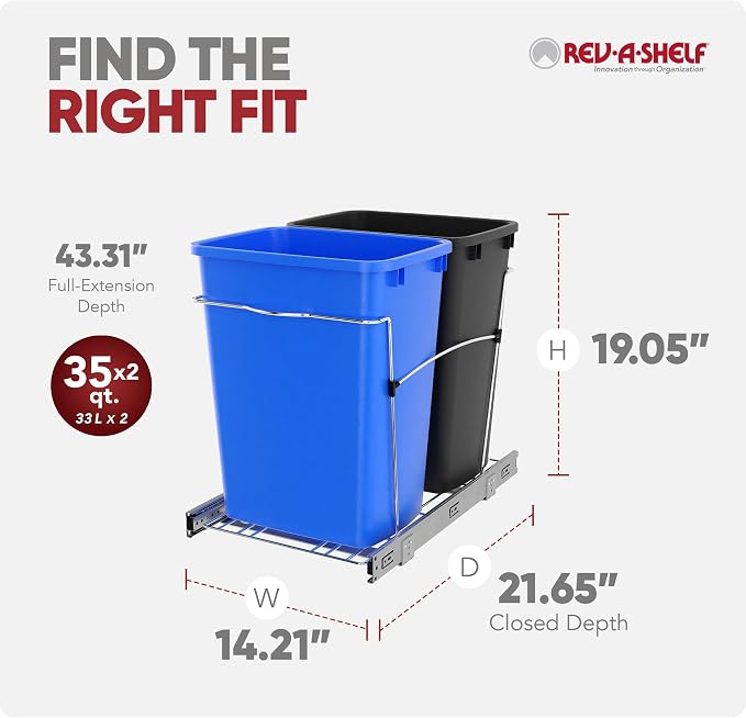 Rev-A-Shelf Double Pullout Garbage Trash Cans for Kitchen Cabinets, 35 Qt | Large Capacity Waste/ Recycling Bins, Heavy Gauge Wire Construction, with Full Extension Slides, Blue/Black, RV-18KD-2218C-S - Image 3