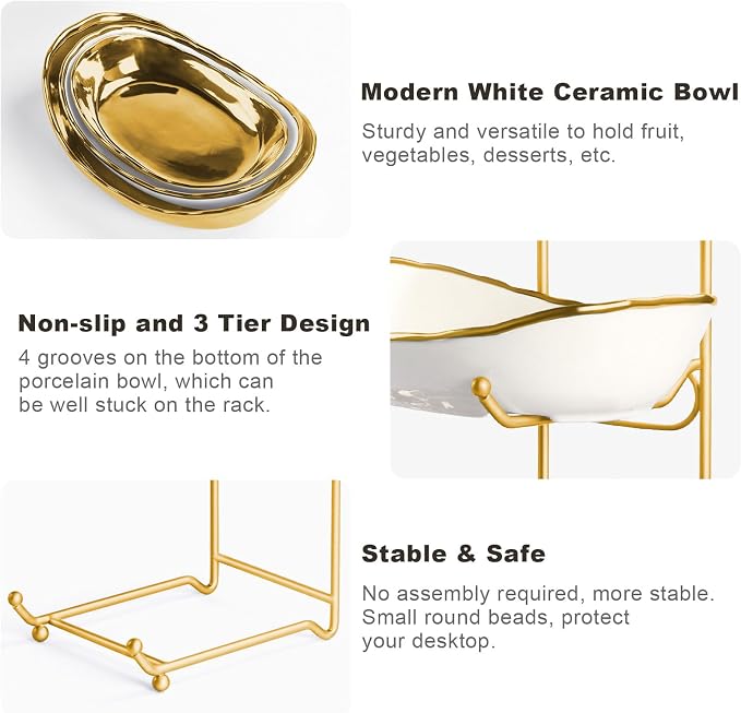 Fruit Bowl for Kitchen Counter,3 Tier Ceramic Fruit Basket with Metal Stand, Tiered Fruit Rack for Countertop, Modern Multi Serving Bowl for Party Dessert, Vegetable, Snack (Gold-White) - Image 5