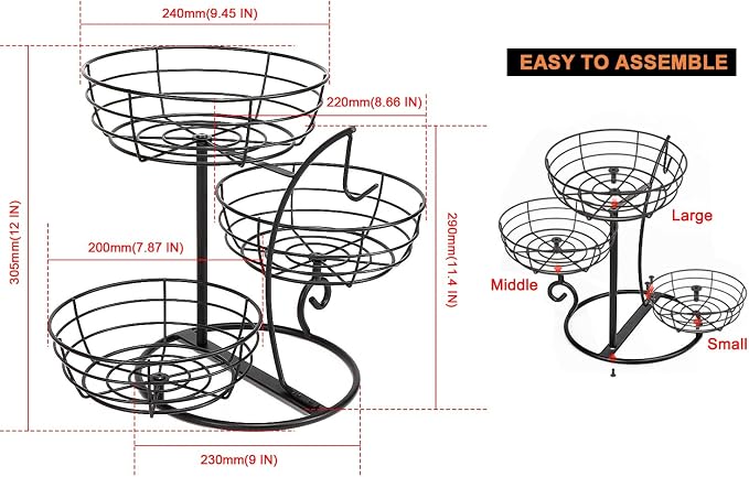 Livabber Fruit Basket Bowl with Banana Hanger, Fruit Vegetable Storage Basket with Banana Tree Holder for Kitchen Counter, Detachable Organizer for Bread Snack Produce (Black, 3-Tier Metal Base) - Image 2