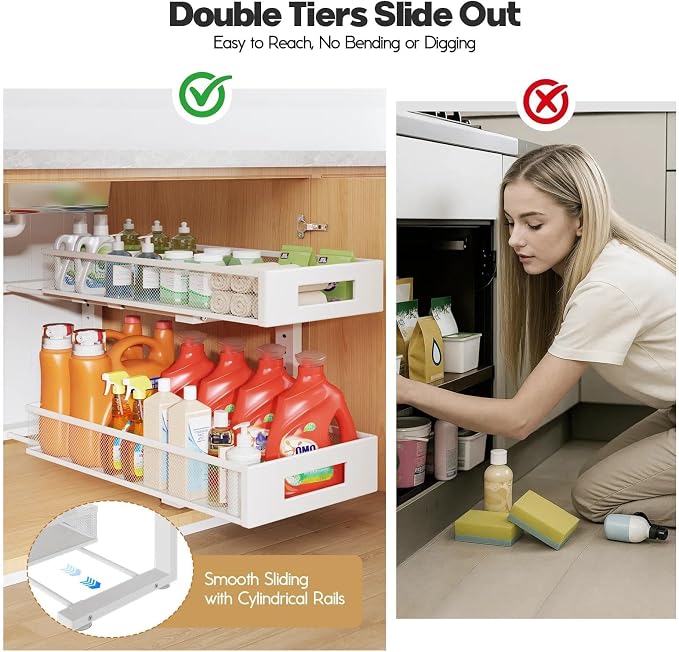 2 Packs 21IN Depth Under Sink Organizer, 2-Tier Pull Out Cabinet Organizer With Smooth Circular Rail, Large Capacity Metal Mesh Sliding Drawers For Bathroom& Kitchen Storage,Height Adjustable –White - Image 7