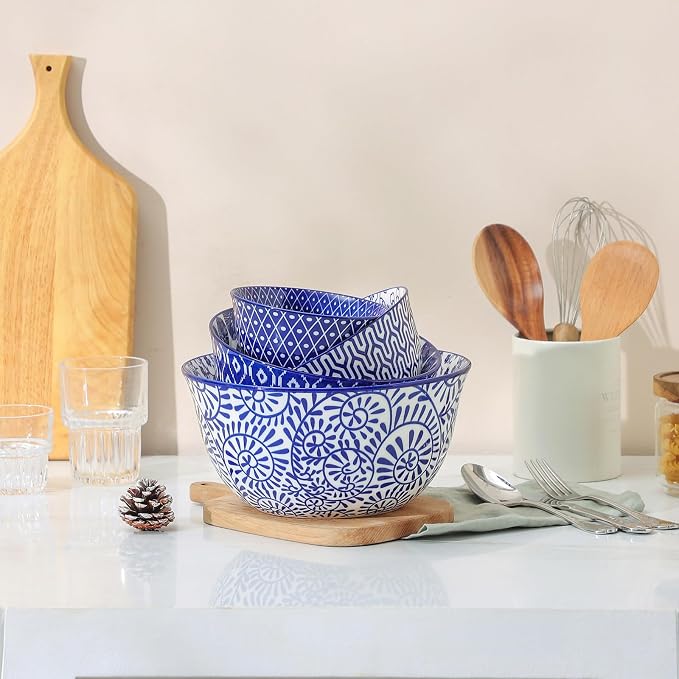 Selamica Ceramic Mixing Bowls, Nesting Bowls Set of 4 for Mixing, Baking, Prepping, Cooking, Salad, 20/36/60/123 oz, Microwave & Dishwasher Safe, Vintage Blue - Image 5