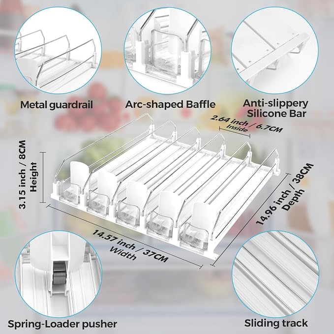 Drink Dispenser for Refrigerator, Self-Pushing Soda Can Organizer for Fridge, 5 Rows already Assembled, Automatic Can Dispenser with Spring Loaded for Refrigerator Holds 25 cans, White - Image 6