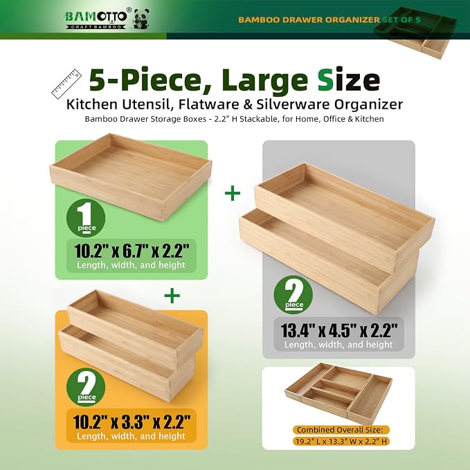 BAMOTTO CRAFTBAMBOO Stackable Bamboo Drawer Organizer Set of 5 for Kitchen | Utensil Cutlery Tray | Flatware & Silverware Organizer | Office & Bathroom | 13.4"×4.5"(×2) / 10.2"×3.3"(×2) / 10.2"×6.7" - Image 2
