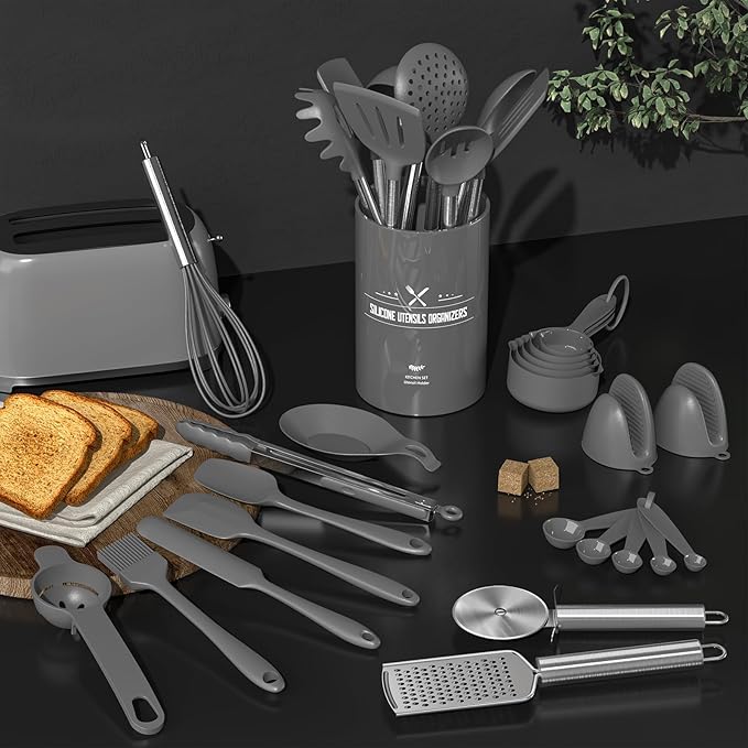 Umite Chef Silicone Kitchen Cooking Utensil Set, 43 pcs Silicone Spatula with Stainless Steel Handle, Non-stick Heat Resistant - Best Cookware (Grey) - Image 4