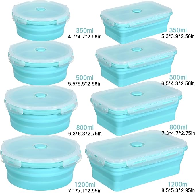 Yaomiao 16 Pack Collapsible Food Storage Containers with Lid Air Vent Foldable 8 Rectangle Storage Bowl and 8 Round Silicone Food Bow for Lunch Camping Rv Accessories Microwave Freezer(Blue) - Image 2