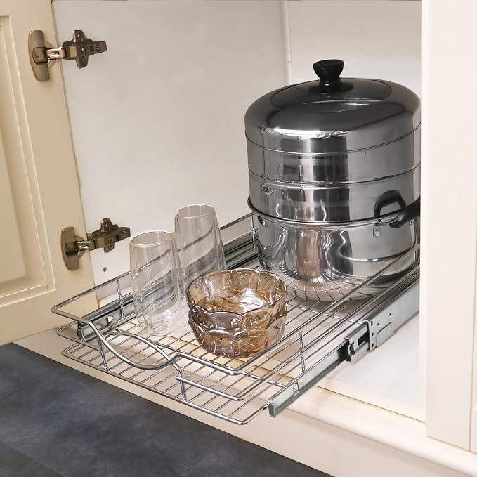 Sikarou Pull Out Cabinet Organizer 26" W x 21" D, Heavy Duty Kitchen Cabinet Pull Out Shelves, Slide Out Wire Basket for Kitchen Cabinets, Bathroom, Pantry, Chrome Finish - Image 5