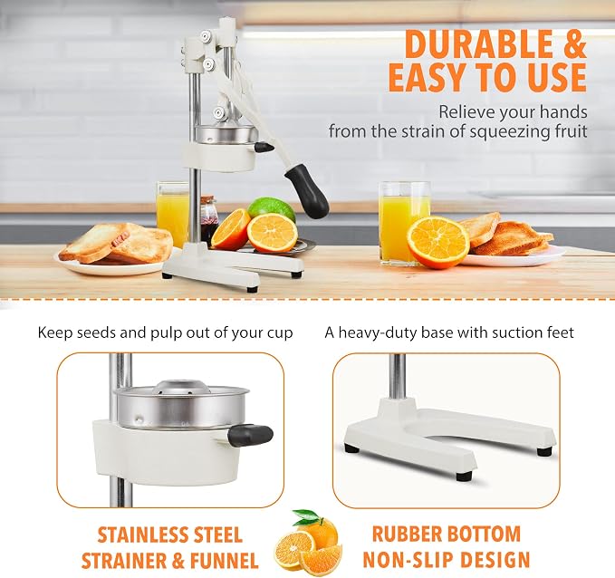 19 Inch Height Extra Tall Commercial Heavy Duty Cast Iron Hand Press Manual Orange Citrus Lemon Lime Grapefruit Pomegranate Fruit Juice Squeezer Machine with Stainless Steel Cup White - Image 6