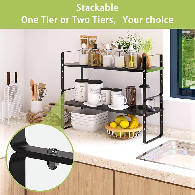 Across-Star Expandable Cabinet Shelf Organizer Rack, Stackable Kitchen Counter Storage Shelves Stand, Adjustable Height Pantry Shelf Spice Rack (Black, 1 Pack) - Image 4