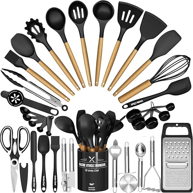Kitchen Utensils Set- 34PCS Silicone Cooking Utensil with Holder, Umite Chef Heat Resistant Kitchen Spatula Set for Nonstick Cookware, Black Wooden Handles Kitchen Gadgets Tools Set by UmiteChef