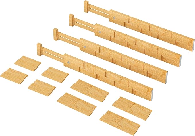 kiplant Kitchen Drawer Dividers - Adjustable Drawer Organizer for Clothes, Kitchen, Closet & Office - 4 Pack with Inserts, 18-22.6 Inches, Non-Slip Silicone Ends - Image 8