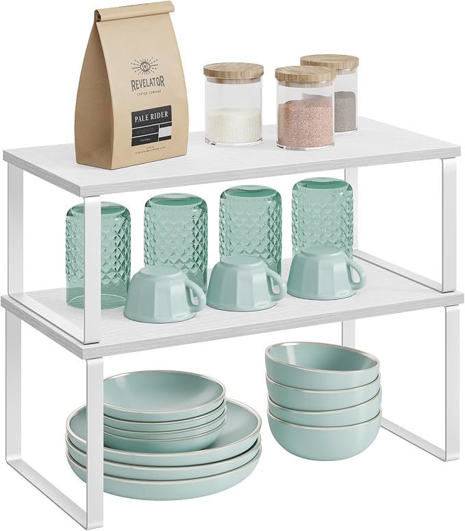 SONGMICS Cabinet Organizer Shelf, Set of 4 Kitchen Counter Shelves, Kitchen Storage, Spice Rack, Stackable, Expandable, Metal and Engineered Wood, Cloud White and Snow White UKCS028W01 - Image 8