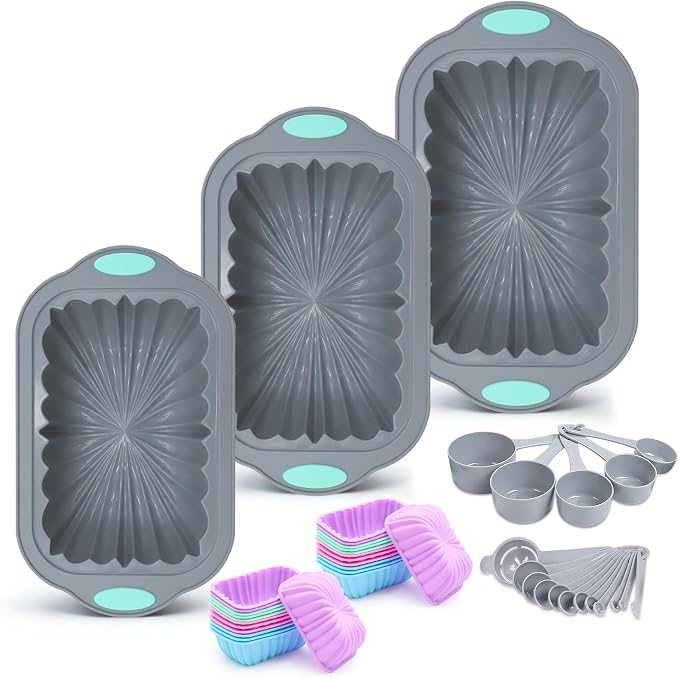 44 Pieces Silicone Cake Pan Set, 3 Sizes Silicone Fluted Bread Pan with Reusable Baking Cups, Food Grade Baking Mold for Brownie, Bread, Muffin, Light Grey by Toencounter