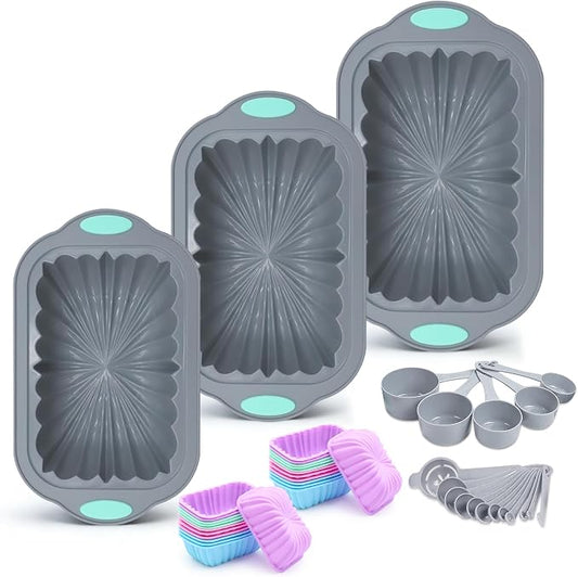 44 Pieces Silicone Cake Pan Set, 3 Sizes Silicone Fluted Bread Pan with Reusable Baking Cups, Food Grade Baking Mold for Brownie, Bread, Muffin, Light Grey by Toencounter